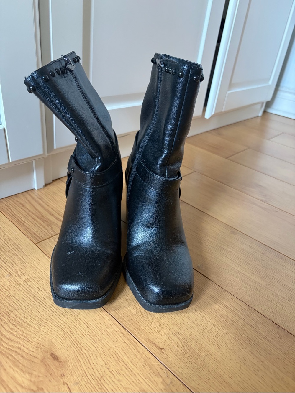 Jessica Simpson Black Leather Mid-Calf Boots with Stud Trim